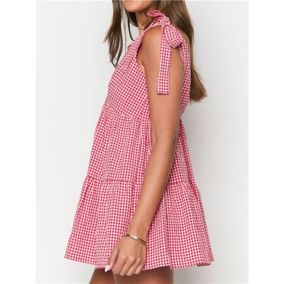 Gingham Tie Shoulder Mini Dress - Picture 2 of 7